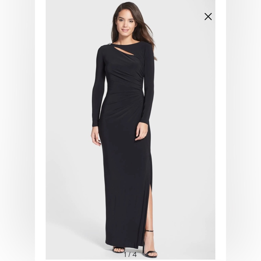 LAUREN RALPH LAUREN EVENING Black stretch shoulder cutout longsleeve dress gown
